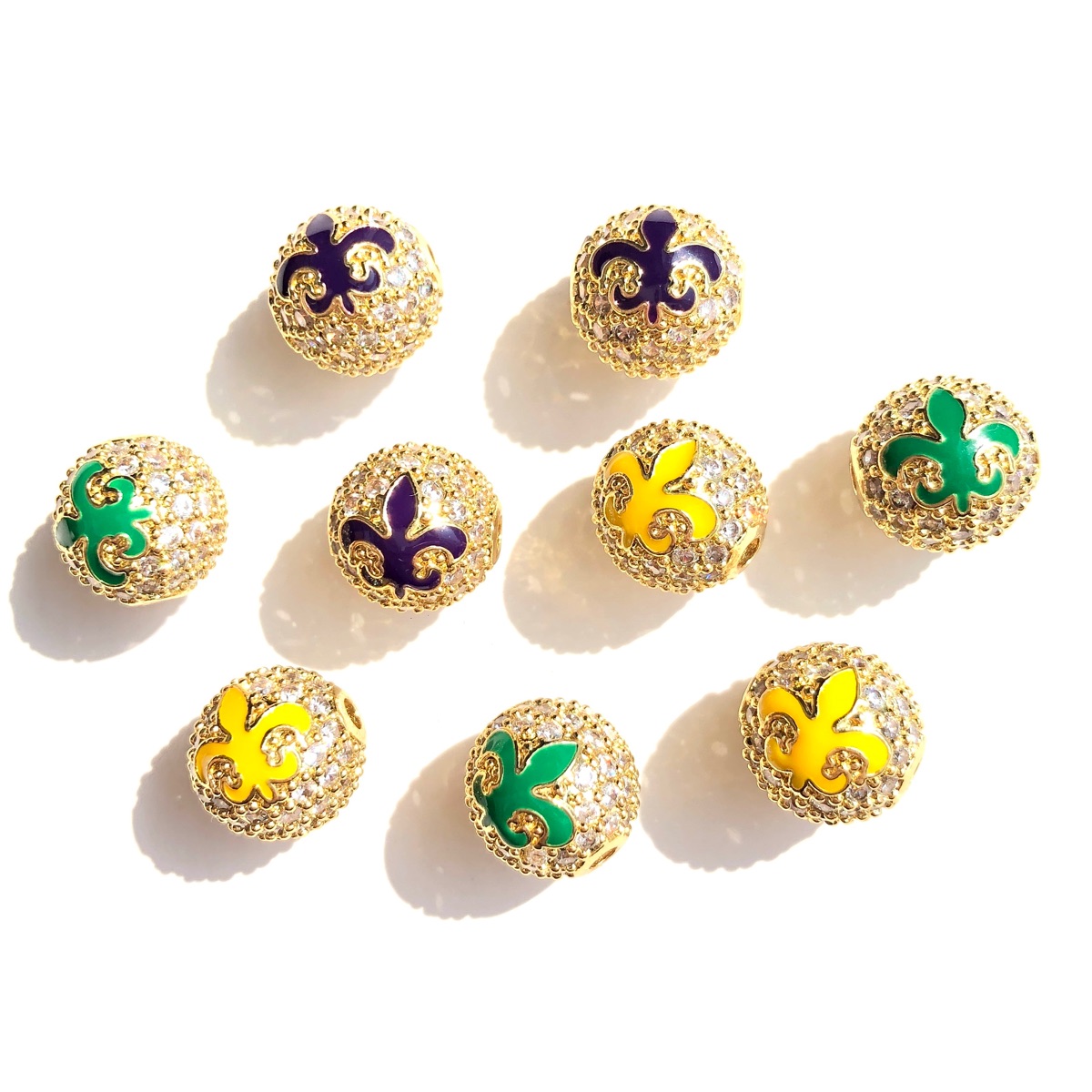 Jewelry Making New Orleans - ลูกปัดทรงกลมสีเขียว เหลือง ม่วง 9 ชิ้น สำหรับงานมาร์ดิกราส์