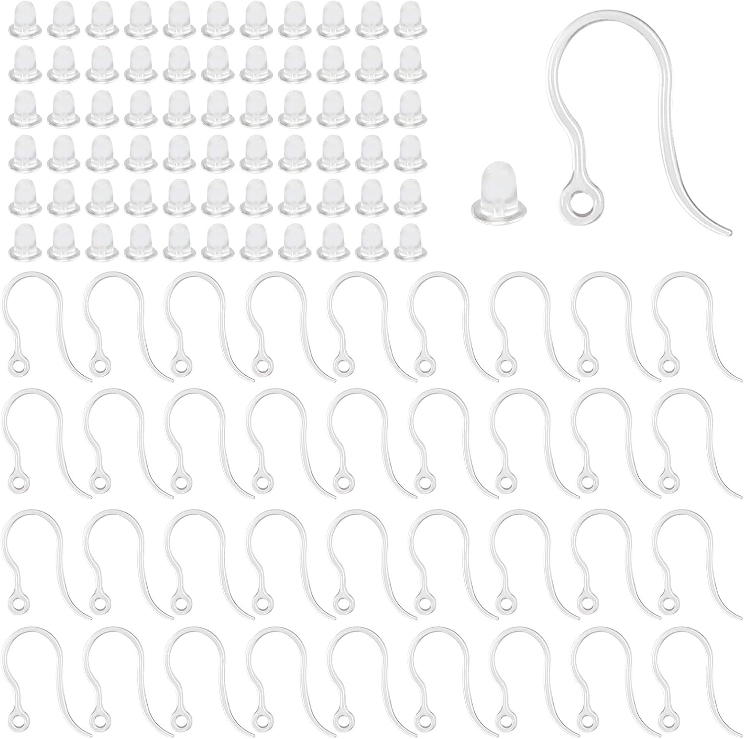 Jewelry Making Thread - ตะขอเกี่ยวต่างหูพลาสติกใส 40 ชิ้น พร้อมห่วงแบบตะขอเกี่ยวปลาฝรั่งเศส พร้อมจุกปิดต่างหูแบบใส สำหรับทำเครื่องประดับ