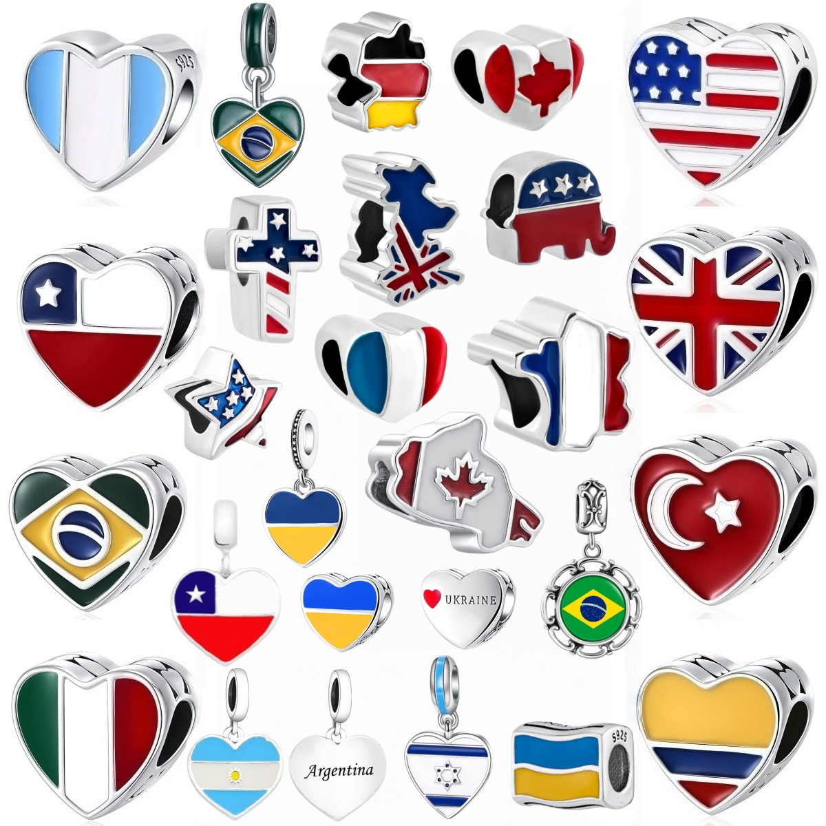 Jewelry Making Uk - จี้รูปหัวใจธงชาติเงินแท้ S925 ลายธงชาติสหรัฐอเมริกา อังกฤษ บราซิล อิตาลี
